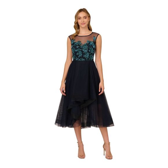 ADRIANNA PAPELL Dresses & Skirts - Adrianna Papell Black Tulle Midi Dress with Teal Floral Appliqué